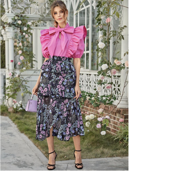 SHEIN Neon Pink Tie Neck Exaggerate Ruffle Trim Top - Picture 4 of 11